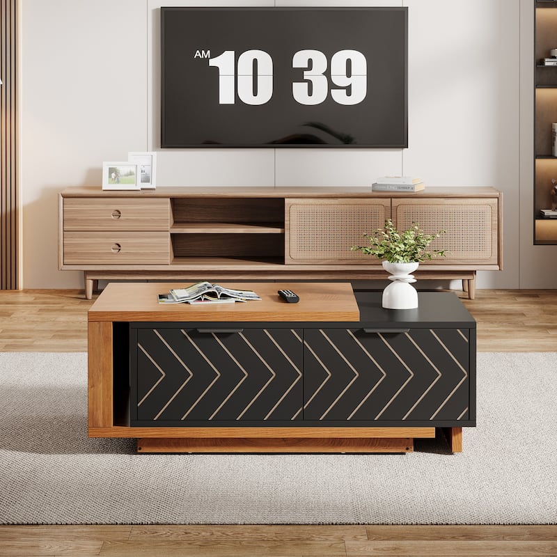 Wood Extendable 2-drawer Coffee Table with Sliding Tabletop