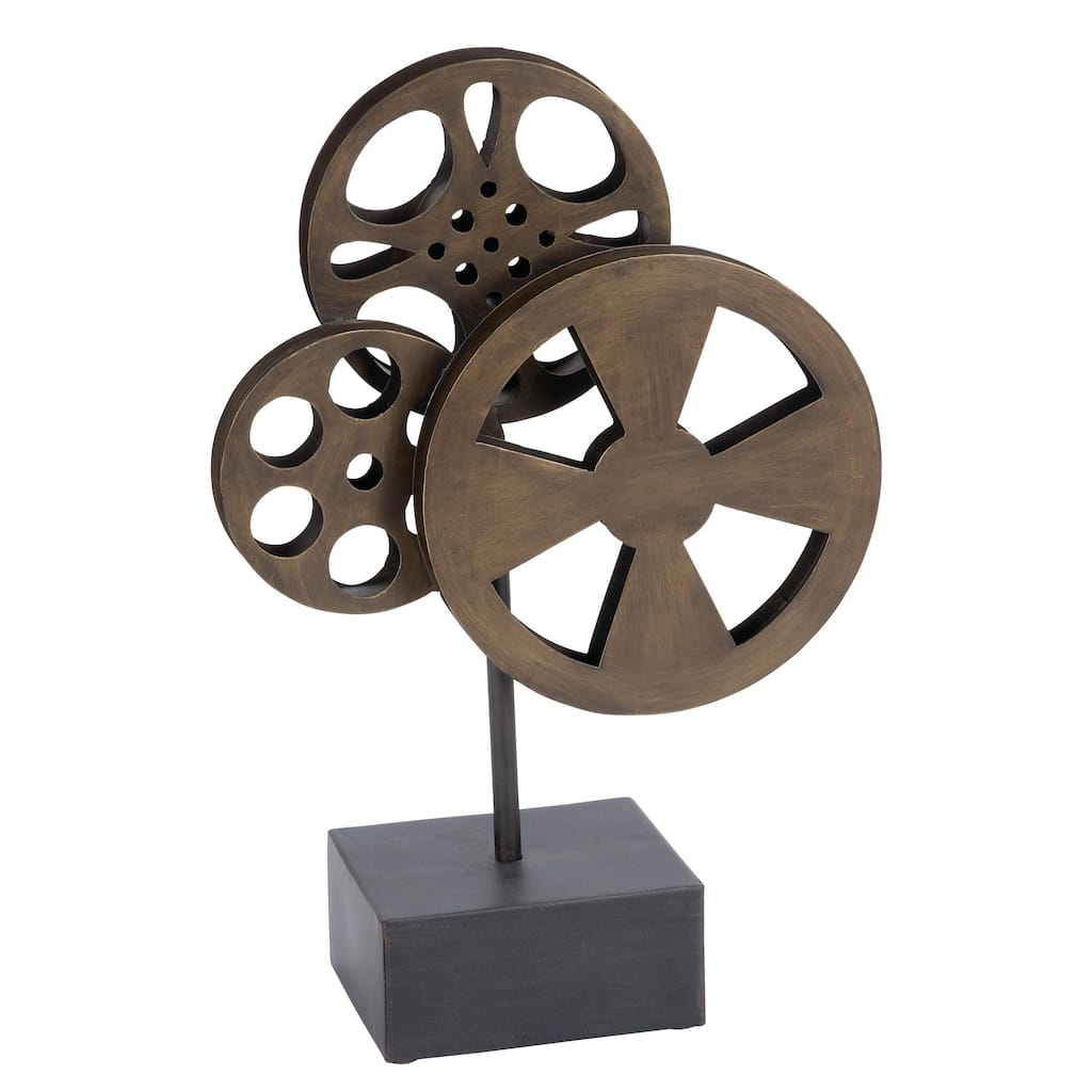 Metal Film Reel Decorative Sculpture with Elevated Block Base - Bronze - Roche River Decor
