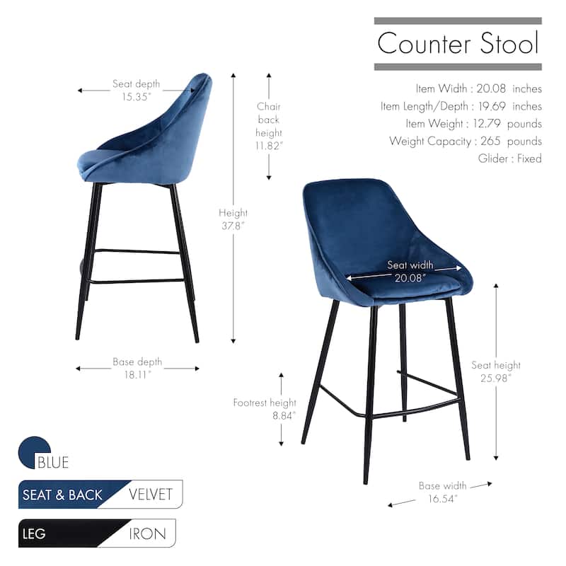 Porthos Home Uva Counter Stools Set of 2, Velvet Upholstery, Iron Legs