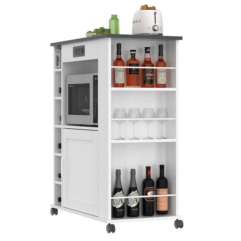 VECELO Kitchen Cart with Wheels and Charging Station,35.4'Kitchen Island Cart Wine Rack Bar Table, Bar Cabinet