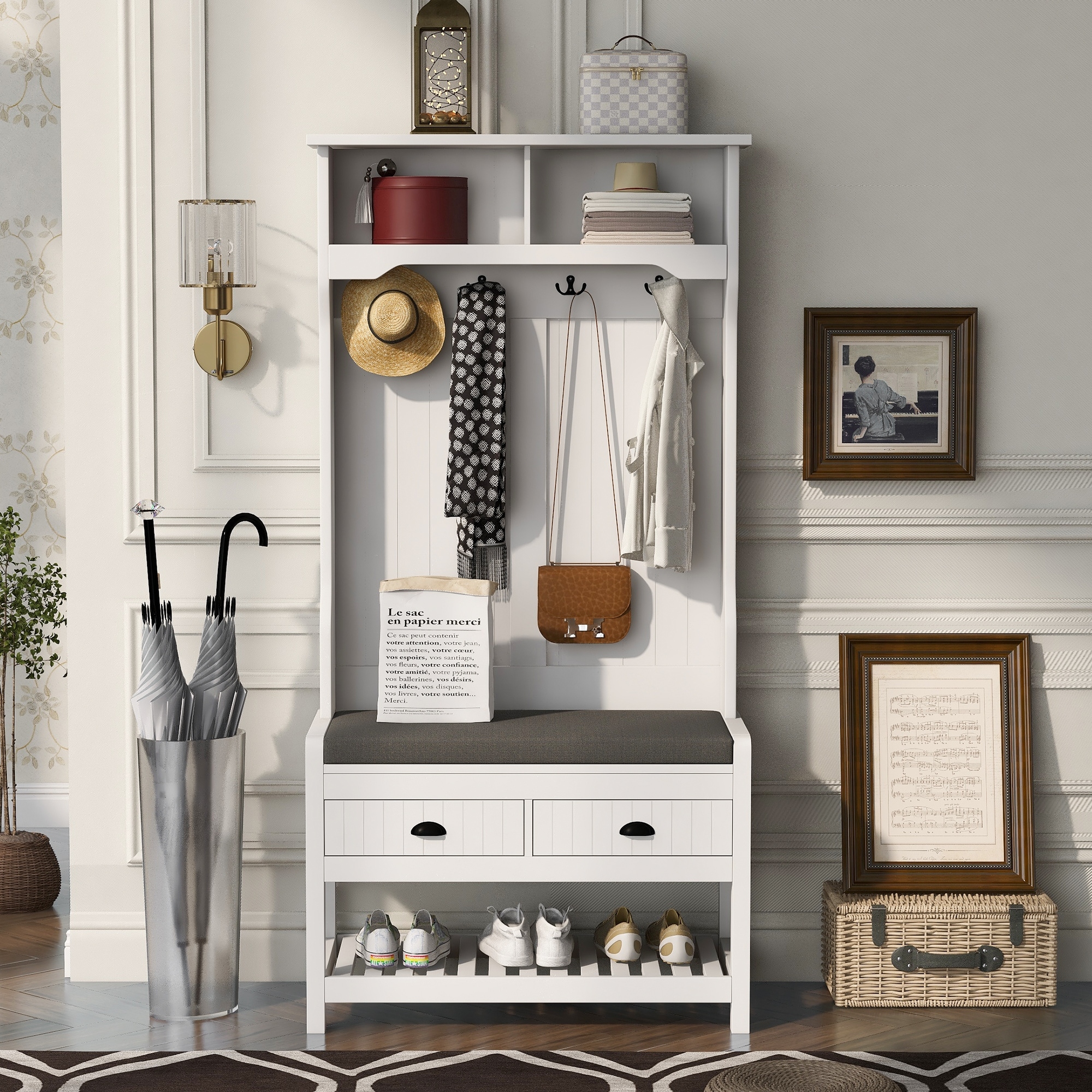 Hall Tree Coat Hanger with Open Storage Shelves 3 in 1 White Entryway Bench Porch Tree Storage Shoe Cabinet with Hallway