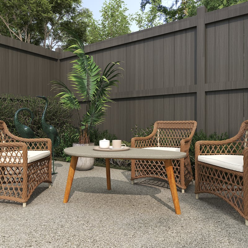 Gray Concrete Inspired Oval End Table Outdoor Accent Table with Brown Tapered Wood Legs