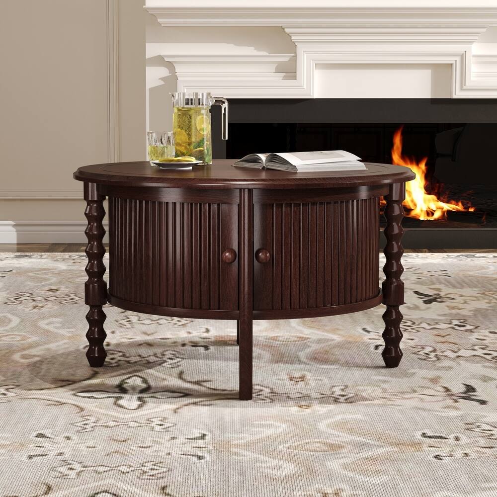 Vintage Round Coffee Table - 30.3" Mid-Century Modern, Sliding Door & Slatted Design