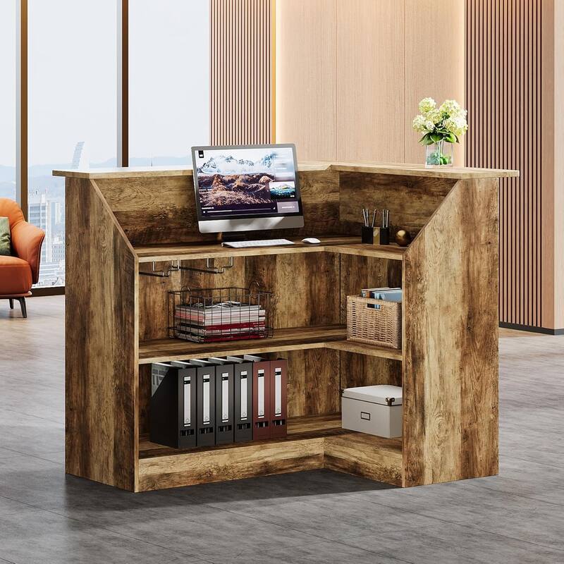 Reception Desk with Storage Shelves, L-Shaped Modern Front Desk
