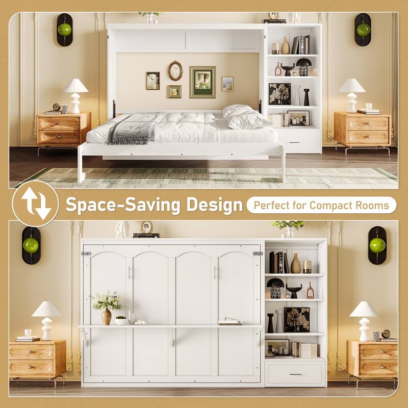 Queen Size Foldable Platform Bed With Height Adjustable Storage Compartments And Shelf,Wall Bed Frame With 1 Drawer