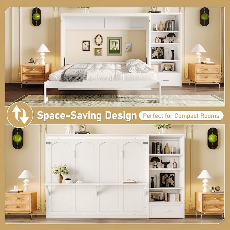 Roomfitters Queen Size Murphy Bed with Adjustable Storage Compartments and Shelf, Foldable Wall Bed with Drawer