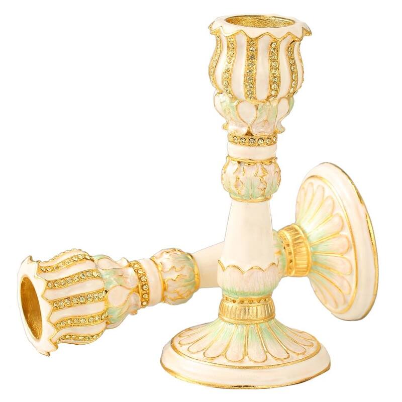 Matashi Shabbat Candlestick (2-Pcs Set) Hand-Painted, Gold-Plated Pewter Ivory w/ Petal Design, Personal or Religious Enjoyment