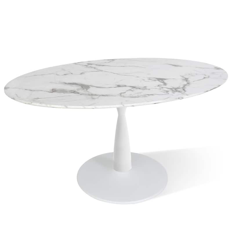 Oval White Faux Marble Topped Pedestal Dining Table