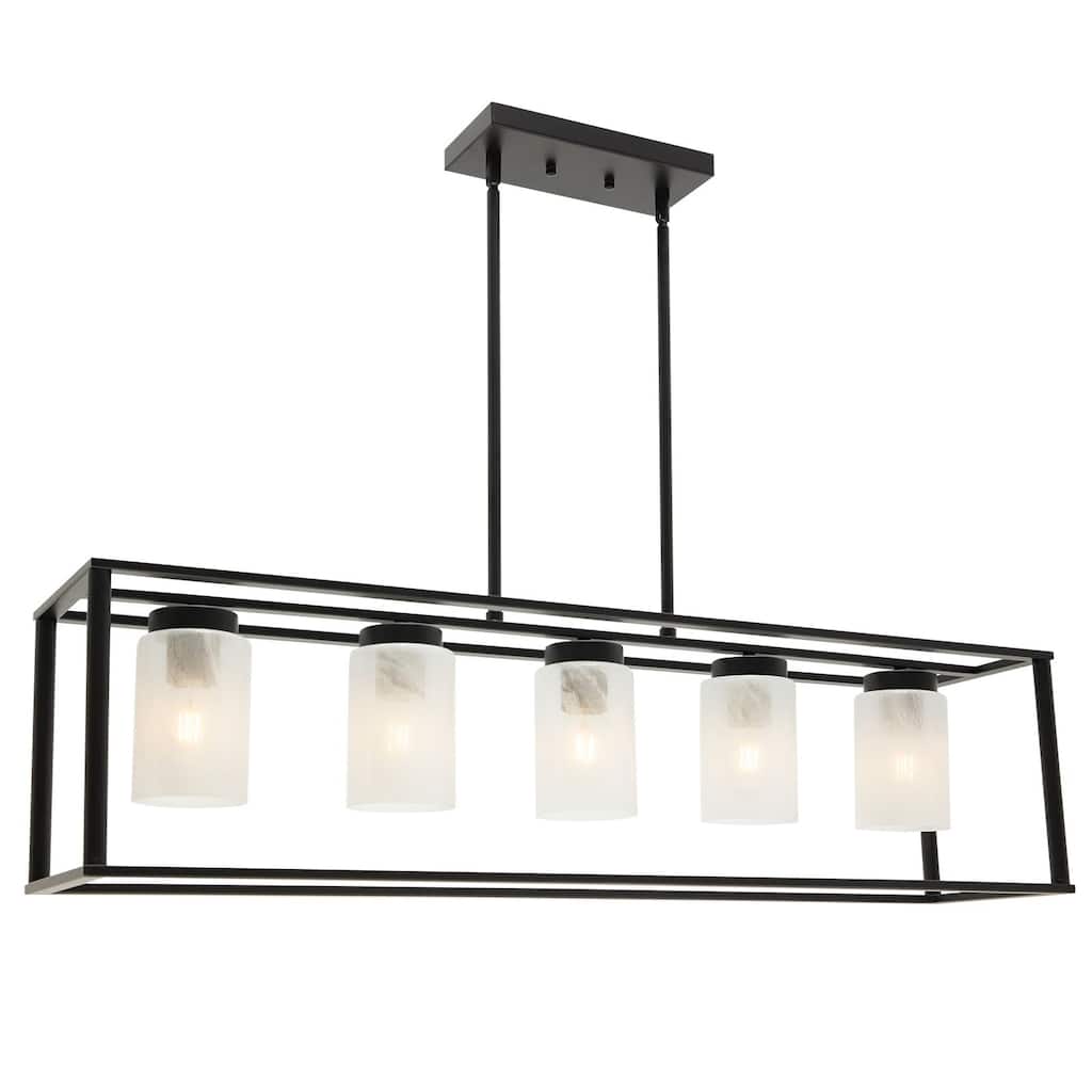 5-Light Industrial Dining Room Ceiling Lighting in Matte Black Finish with Glass Shade Classic Pendant Island Lighting Fixture