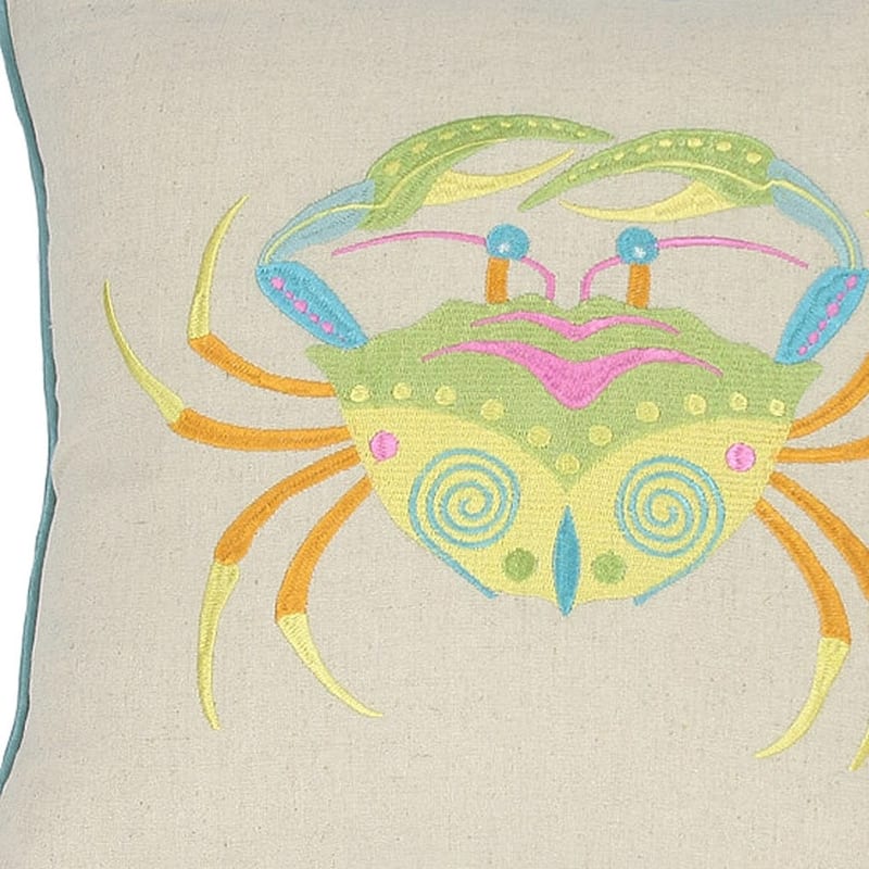 HomeRoots 18" x 18" Beige and Aqua Crab Linen Blend Zippered Pillow With Embroidery
