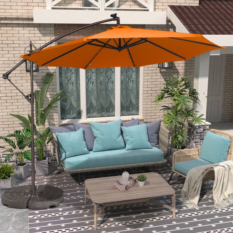 Clihome 10Ft Solar Light Crank Cantilever Patio Umbrella Without Base