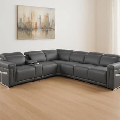 HomeRoots Gray Italian Leather Modular L Shaped Seven Piece Corner Sectional With Console