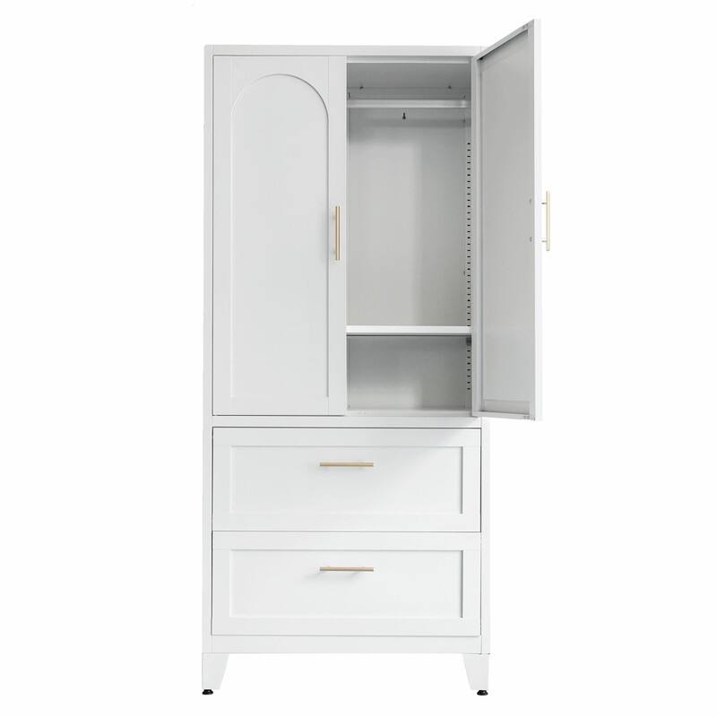 71" Tall Metal Wardrobe Cabinet with 2 Drawers, Hanging Rod, and 2 Doors, Wardrobe Closet with Shelf