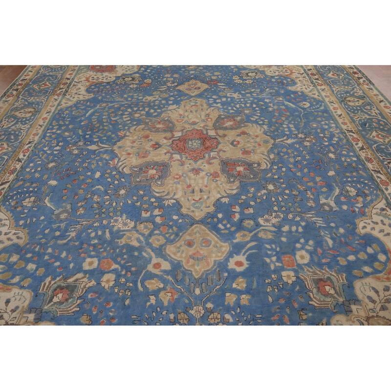 Tabriz Vintage Persian Area Rug Hand-Knotted Blue Wool Carpet - 9'10" x 13'5"
