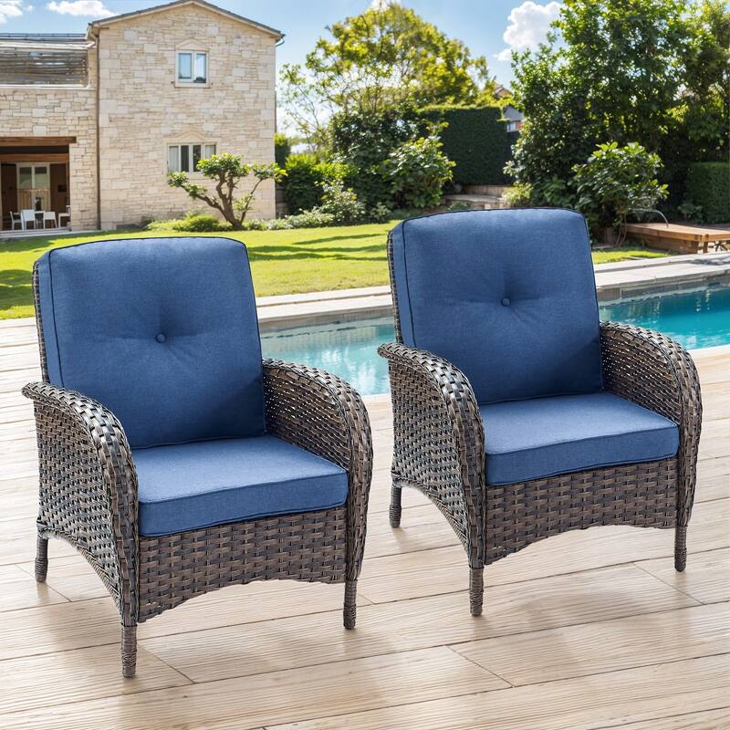 Gymojoy Stylish High Back Outdoor Wicker Dining Chairs Set of 2 - 2-Piece - Brown Wicker / Blue Cushion