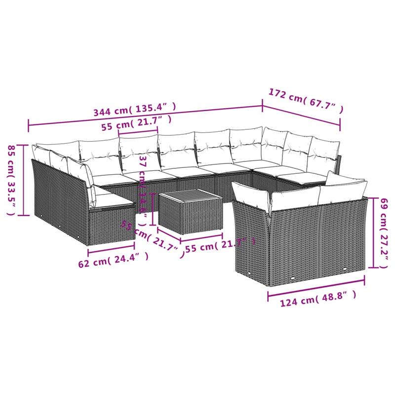 vidaXL Patio Sofa Set with Cushions Outdoor Furniture 13 Piece Poly Rattan - 24.4 x 24.4 x 27.2