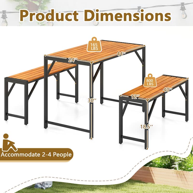 Gymax 3 PCS Dining Set for 4 People Outdoor Picnic Table & 2 Benches