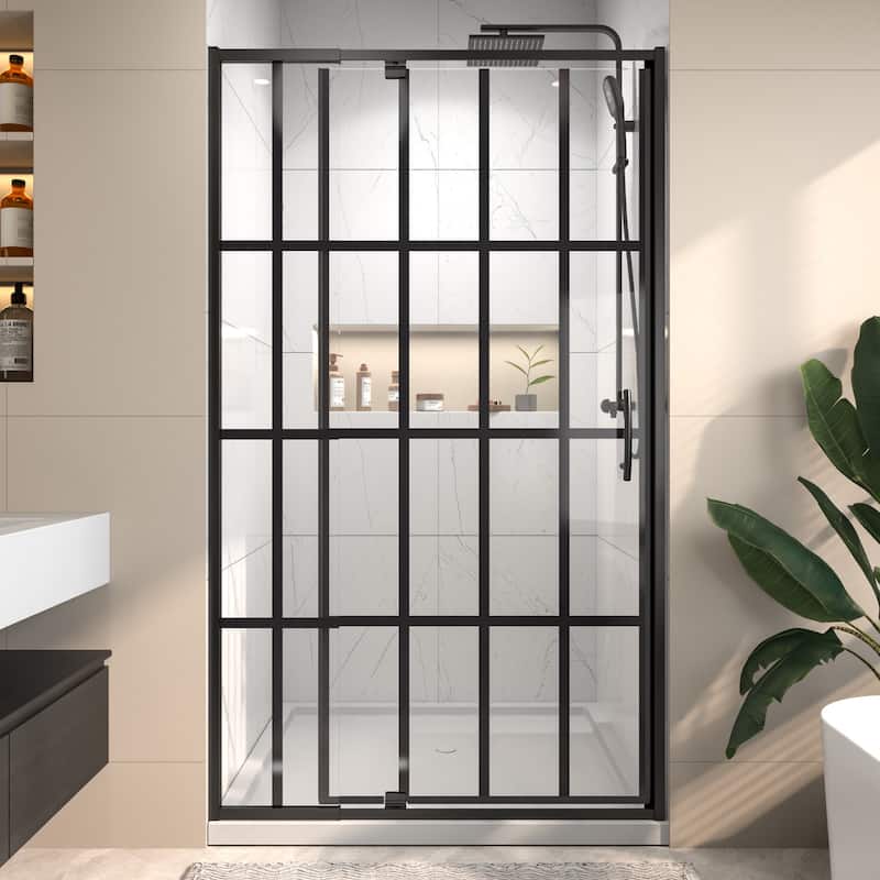 Modland 42" / 48" x 71''H Grid-pattern Pivot Shower Door - Silent Seal, Textured Glass, 4" Adjustable Frame - 42''x 71''