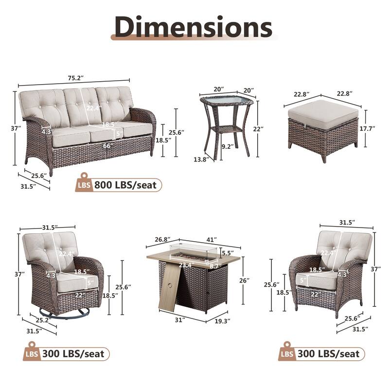 TWrap Wicker Patio Fire Pit Conversation Set with 3-Seat Sofa & Swivel Gliders & Armchairs