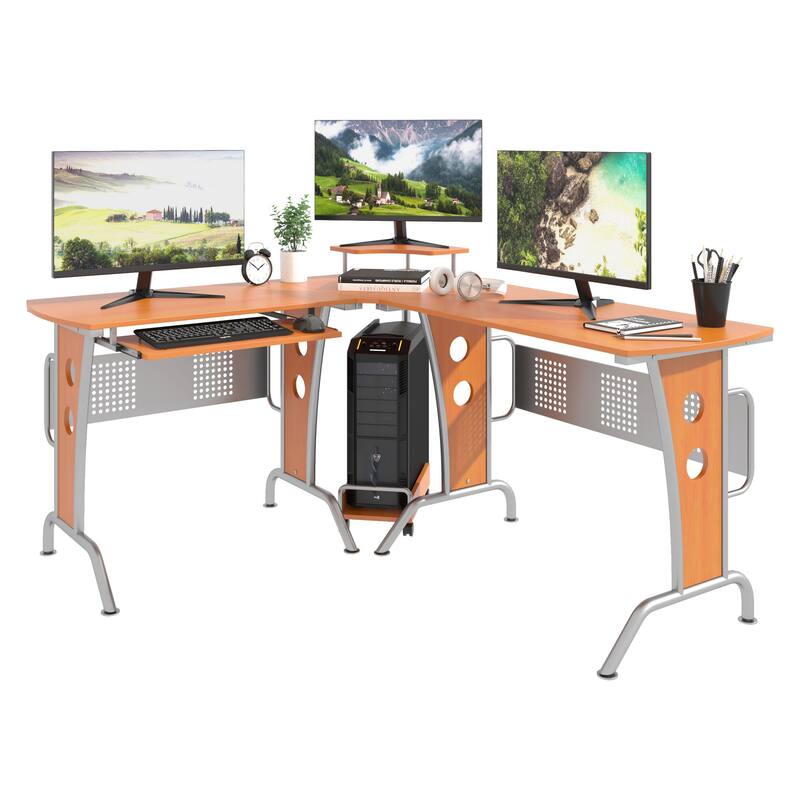 HOMCOM L-Shaped Corner Computer Office Desk Workstation with Elevated Shelf, Rolling Keyboard Tray, & Convenient CPU Stand