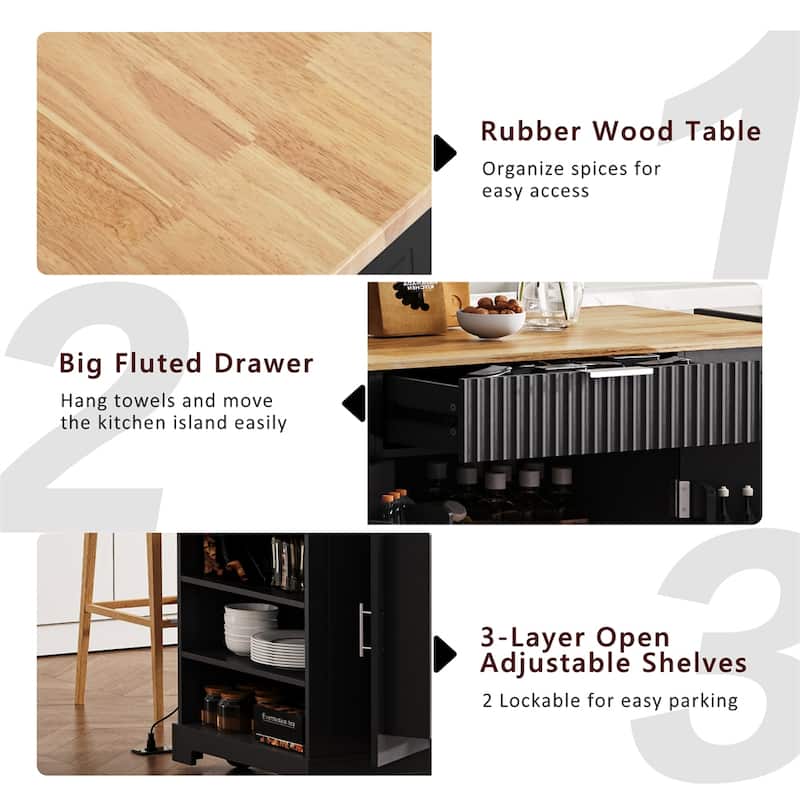 Fluted Kitchen Island with Storage Cabinet,Rolling Kitchen Islands