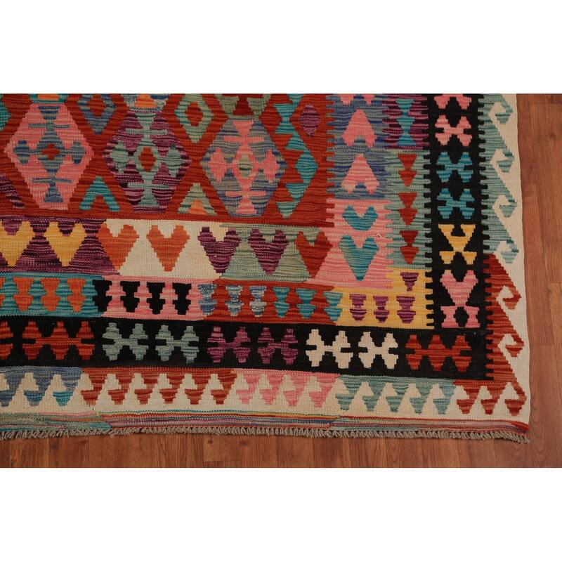 Geometric Kilim Oriental Area Rug Hand-Woven Multi-Color Wool Carpet - 8'1"x 11'1"
