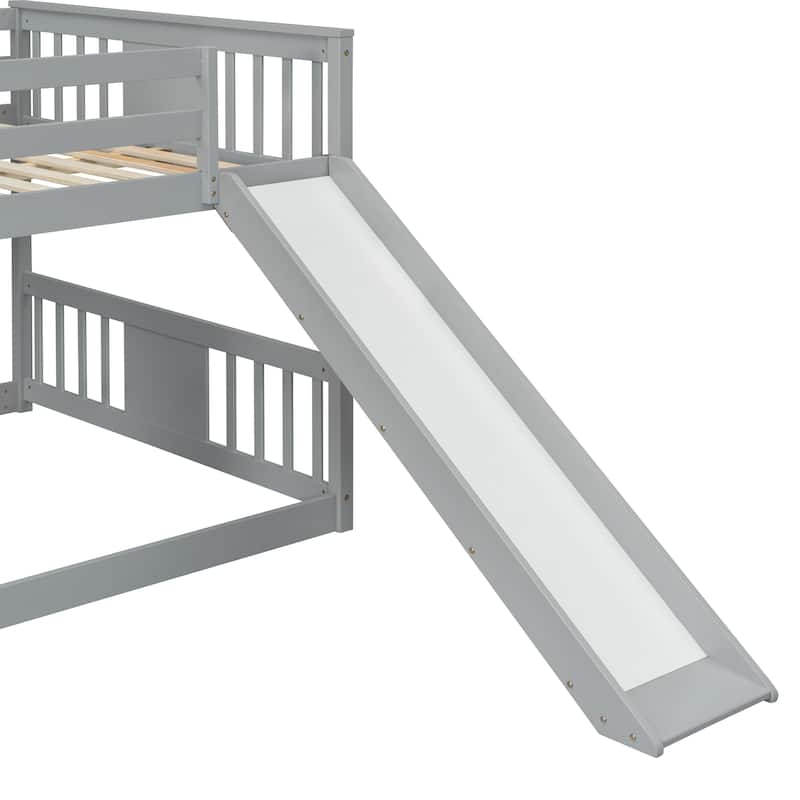 Floor Bunk Bed Full Over Full Wooden Bed Frame with Ladder and Slide