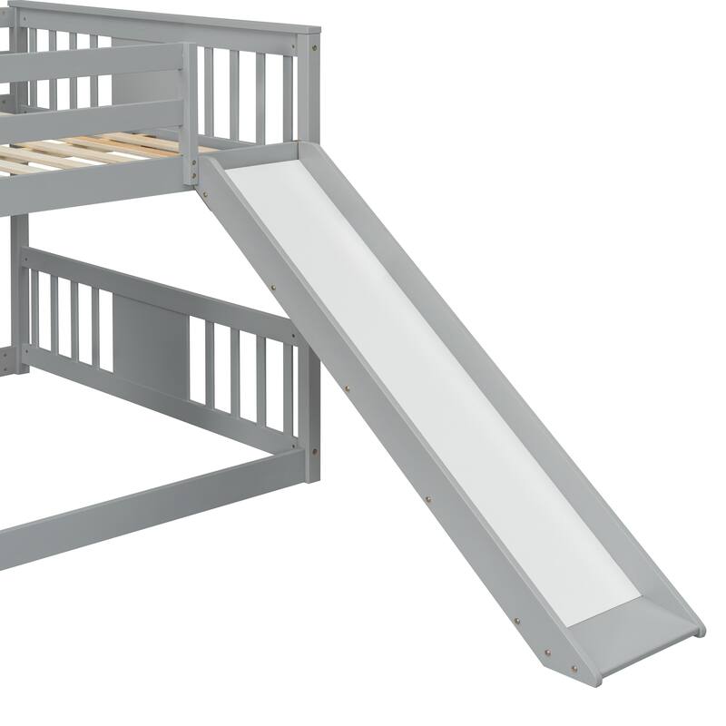 Full over Full Bunk Bed with Built-in Ladder and Slide, Wooden Full Size Floor Bunk Bed Frame