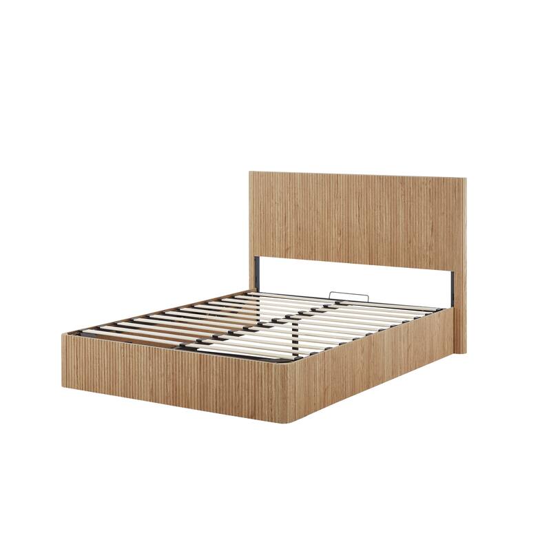 Queen Size Lift Up Storage Bed Frame, Wooden corrugated curved lines, Hydraulic Storage/No Box Spring Needed
