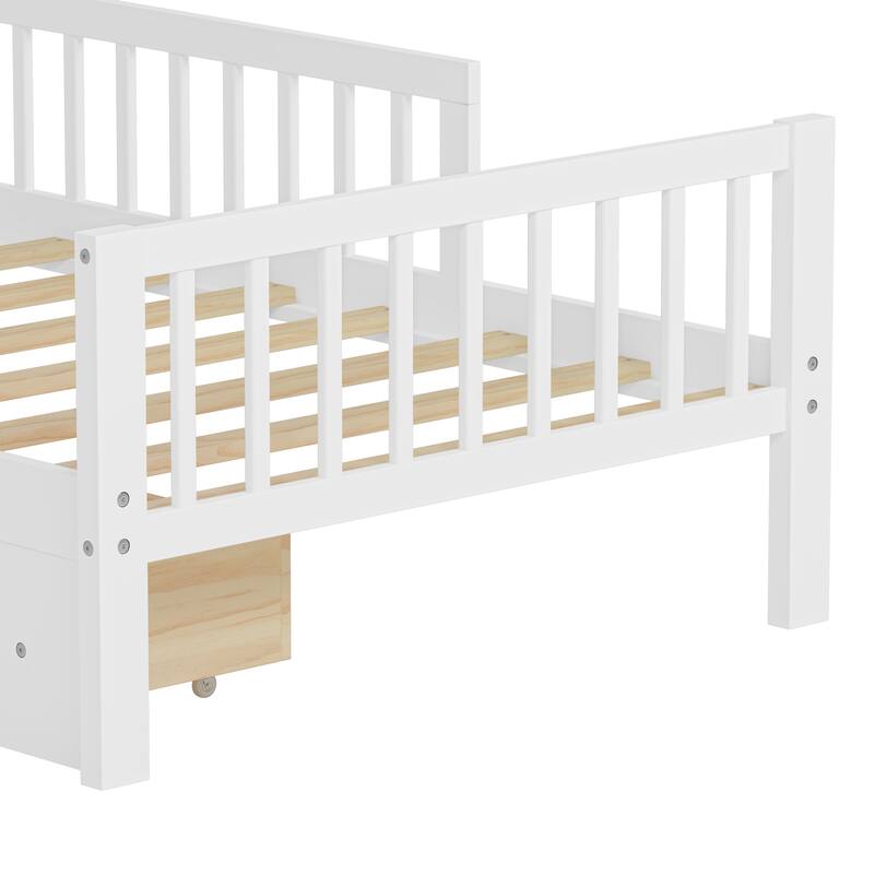 Twin Wood Storage Bed with 3-Side Guardrails, Underbed Drawers & Headboard Storage