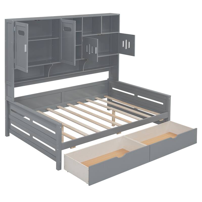 Full Size Wooden Daybed with 2 Drawers, Cabinet, and Shelf in Gray