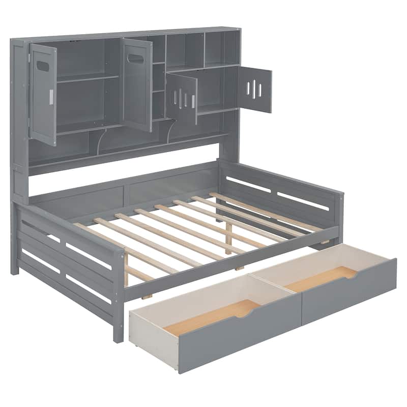 Gray Full Size Wooden Daybed with Drawers and Cabinet