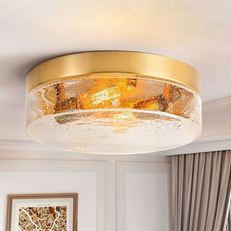 2-Light Modern Farmhouse Industrial Dimmable Dome Round Flush Mount Light with Seeded Glass Shade - Brushed Brass
