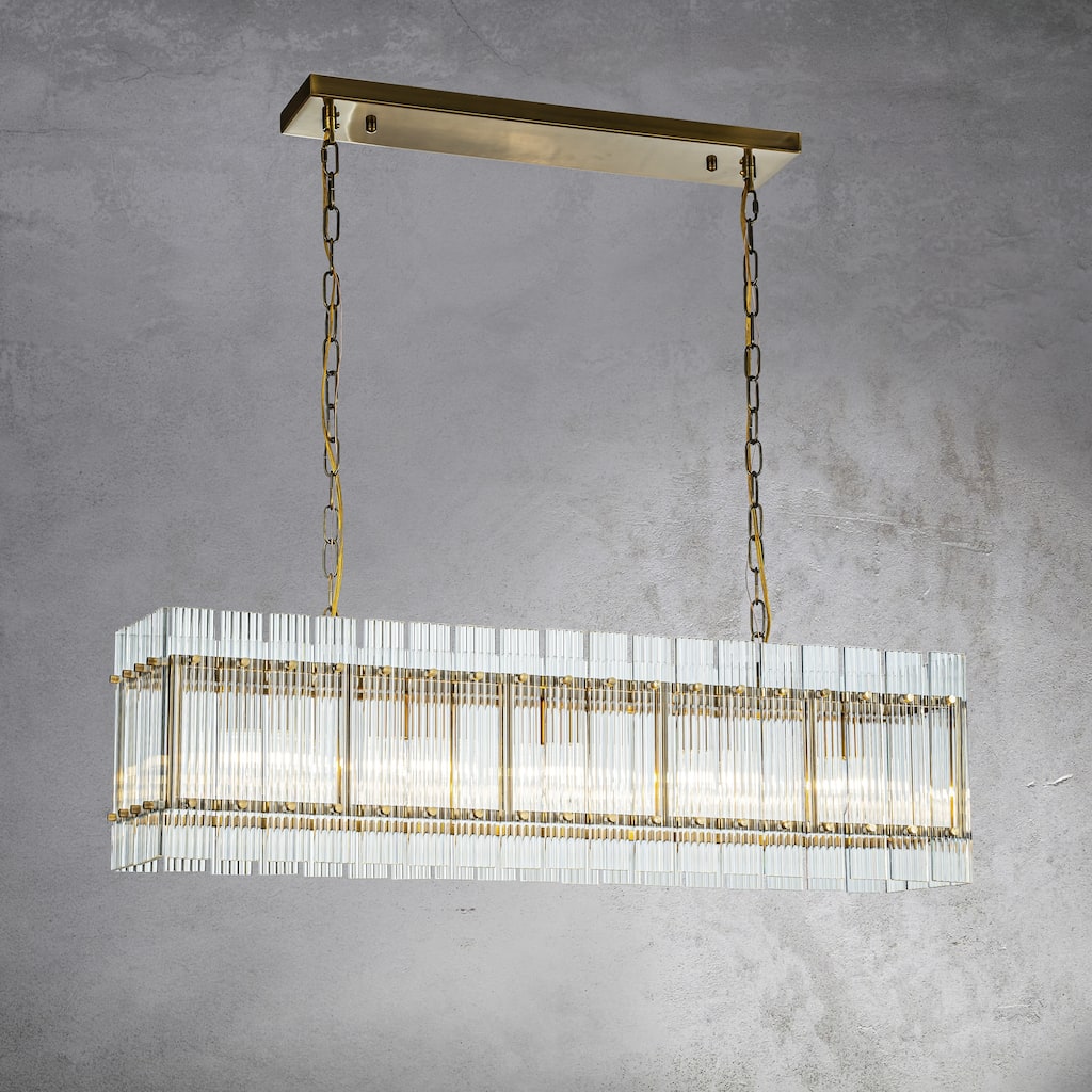 CraftHome 5-Light Modern Square Antique Gold Handmade Glass Chandelier for Dining Room - L 38"