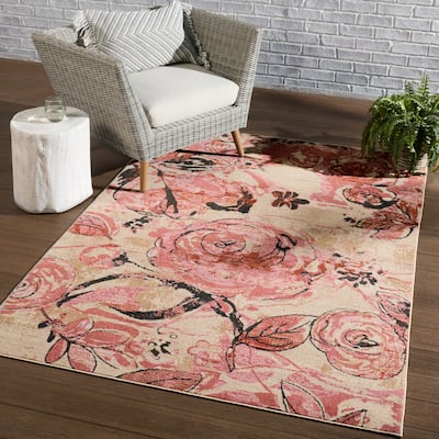 Hermione Indoor/ Outdoor Floral Pink/ Beige Area Rug