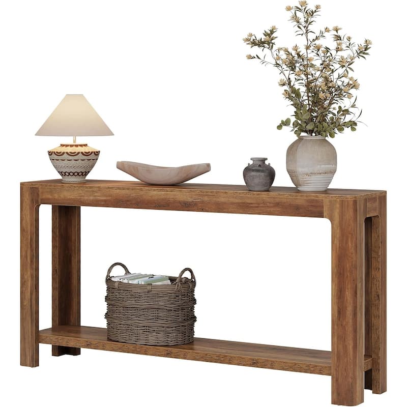 2-Tier Entryway Console Table, 63 Inches Farmhouse Narrow Sofa Table Behind Couch