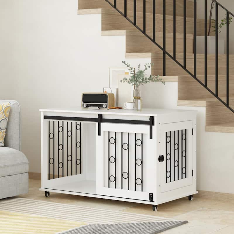 39.37" Wooden Dog Crate Furniture with Sliding Barn Door and Side Door, Indoor Dog Kennel End Table for Small to Medium Dogs