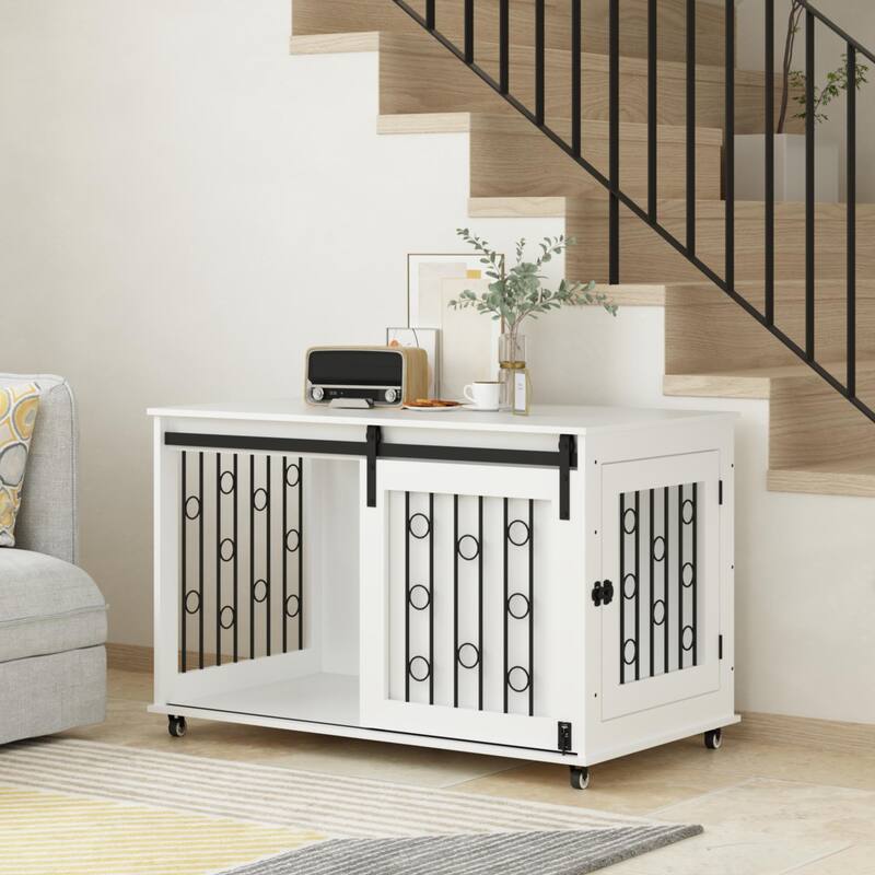 Anmytek Multifunctional Dog Crate Furniture with Sliding Barn Door, White Wooden Side Table Console