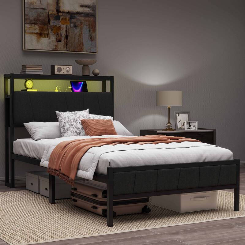 Storage Upholstered Platform Bed with LED Lighting Included and Built In USB Port