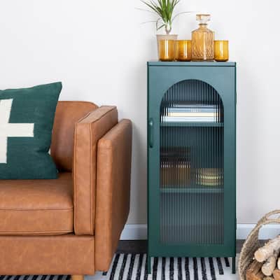 Solstice Metal Accent Cabinet with 2 Adjustable Storage Shelves and Arched Glass Door