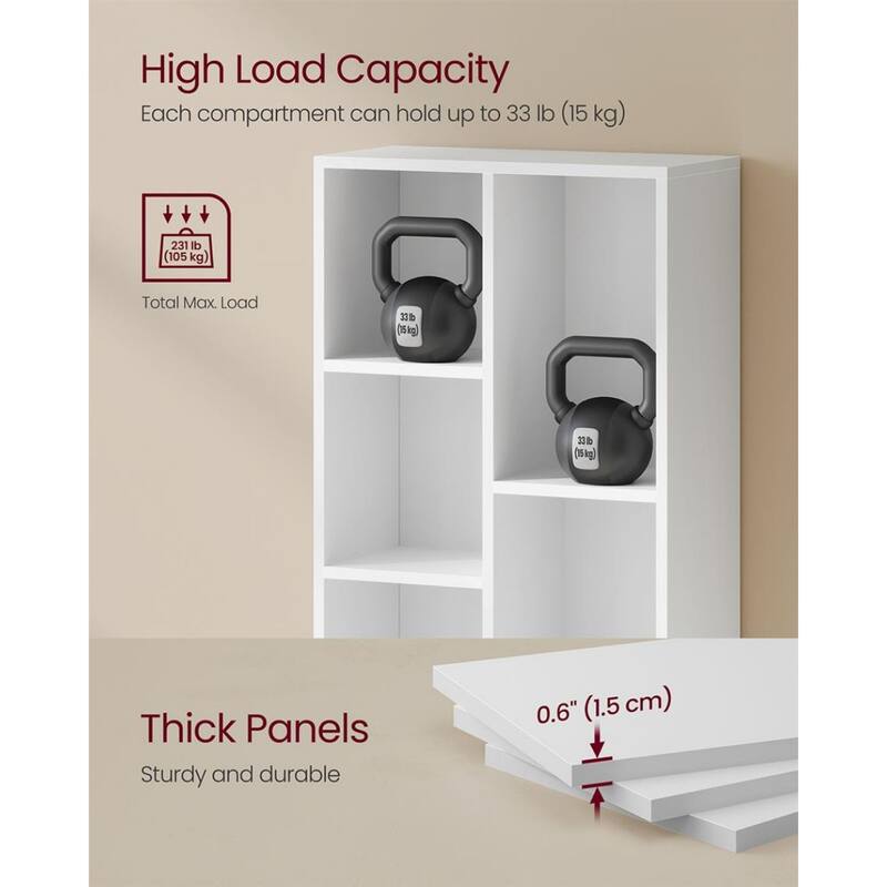 White MDF Bookshelf with 7 Open Compartments Modern Multi-Tier Storage Unit - 19.7"L x 9.4"W x 41.7"H
