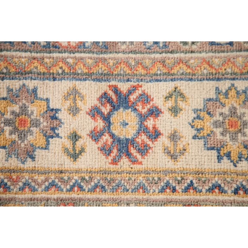 Blue Geometric Kazak Oriental Area Rug Hand-Knotted Wool Carpet - 4'0"x 5'9"
