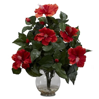 Hibiscus Flower Arrangement with Vase, Silk Faux Flowers Home Decor, Realistic Tropical Display, 14x12x17 Inch - 17