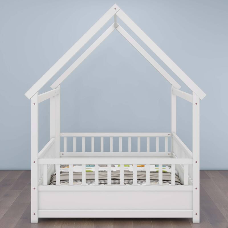 Full Size Floor Wooden Bed with Fence Guardrails