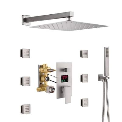 brushed nickel Wall mount 16 inch rainfall 3 way digital display shower system with body jets - 7'6" x 10'9"