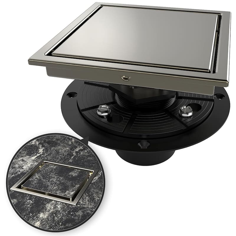 4/6-Inch Square Shower Drain, Reversible Tile Insert - Brushed Nickel - 6 inch