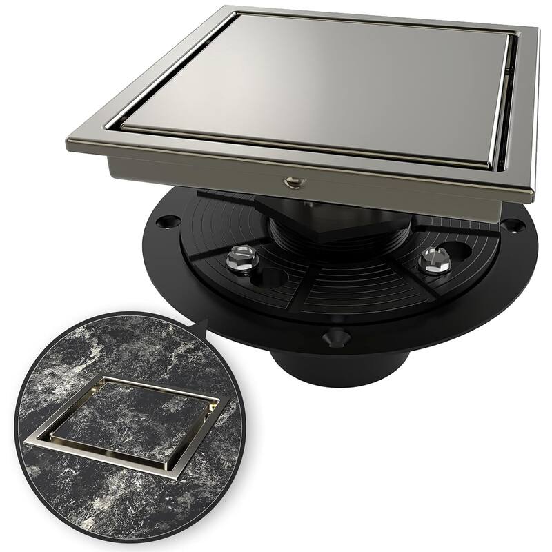 4-Inch Square Shower Floor Drain, Quadrato Pattern Grate - 4 inch - Brushed Nickel