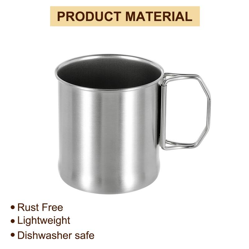 304 Stainless Steel Cups with Foldable Handle, 10oz Metal Water Glasses Cup - Silver