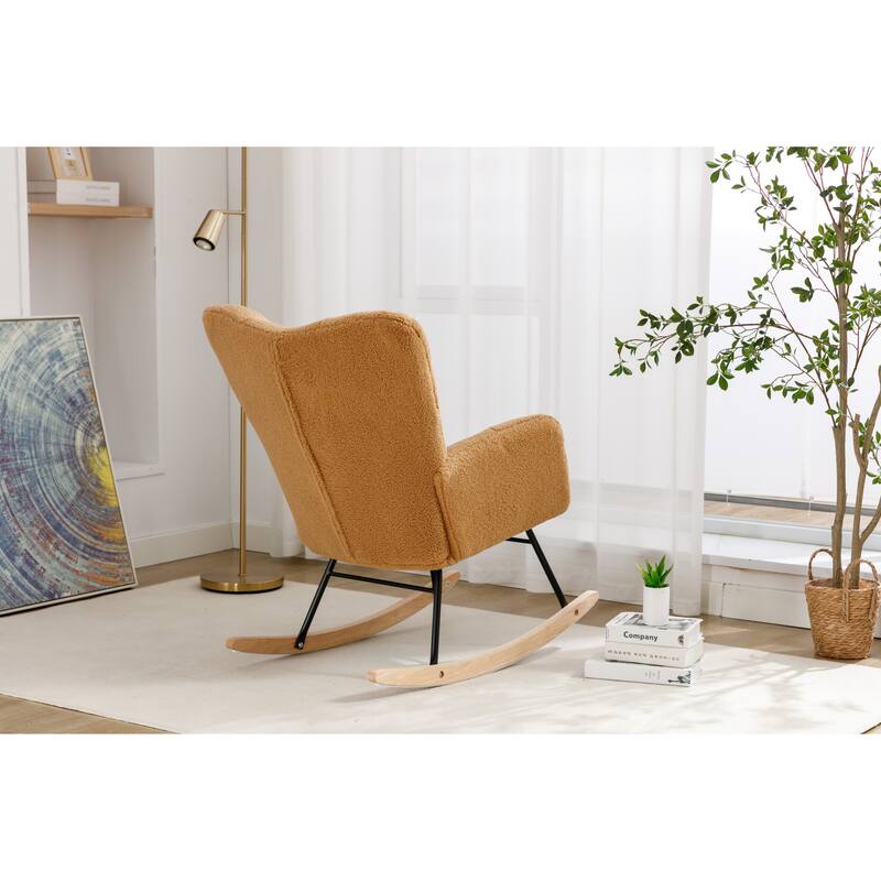 Khaki Teddy Modern 31.5" High Back Upholstered Buttons Tufted Rocking Chair with Solid Wood Legs and Black Paint Metal Base