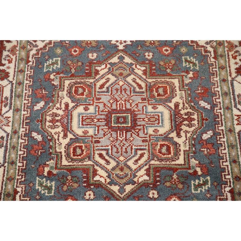 Geometric Blue Heriz-Serapi Oriental Accent Rug Handmade Wool Carpet - 4'1"x 6'0"